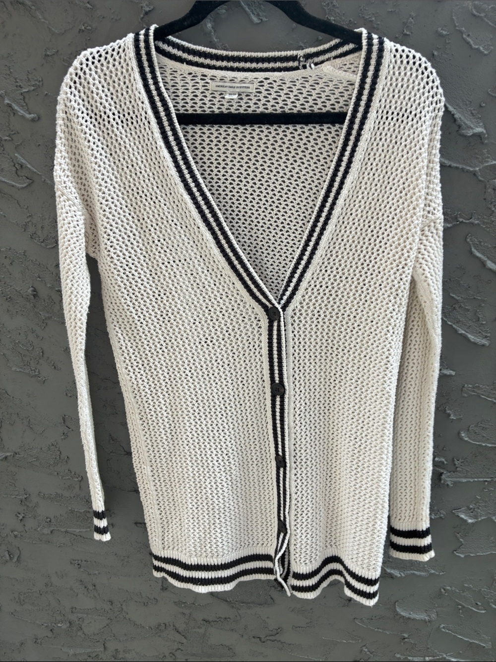American Eagle Outfitters Retro VTG Cream Open-Knit Cardigan with Black Trim XS